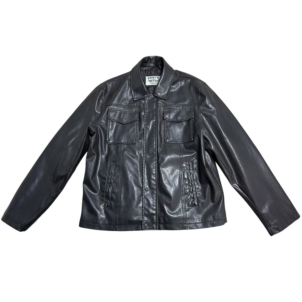 Levi's Jacket Mens Large Black Faux Leather‎ Quilted Lined Biker Moto Snap Front
